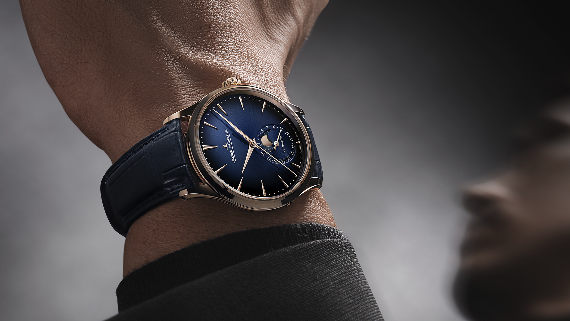 Jaeger-LeCoultre presents the Master Ulta Thin Moon in pink gold with a gradient blue dial.