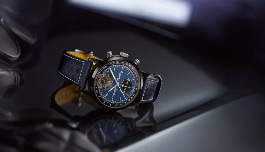 Breitling op Time B21 Shelby Cobra with a 44-mm black ceramic case with a titanium back watch and blue dial