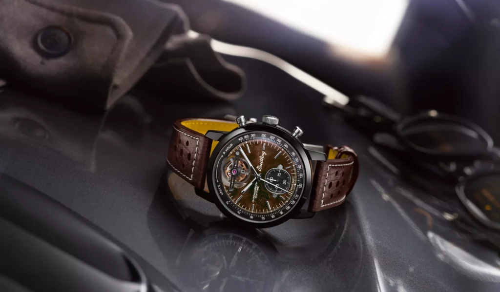 Breitling Top Time B21 Chevrolet Corvette with a 44-mm black ceramic case with a titanium back, and wooden dial