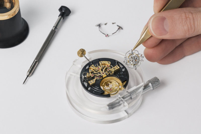 Watchmaker putting together the movement for the Vacheron Constantin Les Cabinotiers Armillary Tourbillon -Tribute to Art Deco style wristwatch