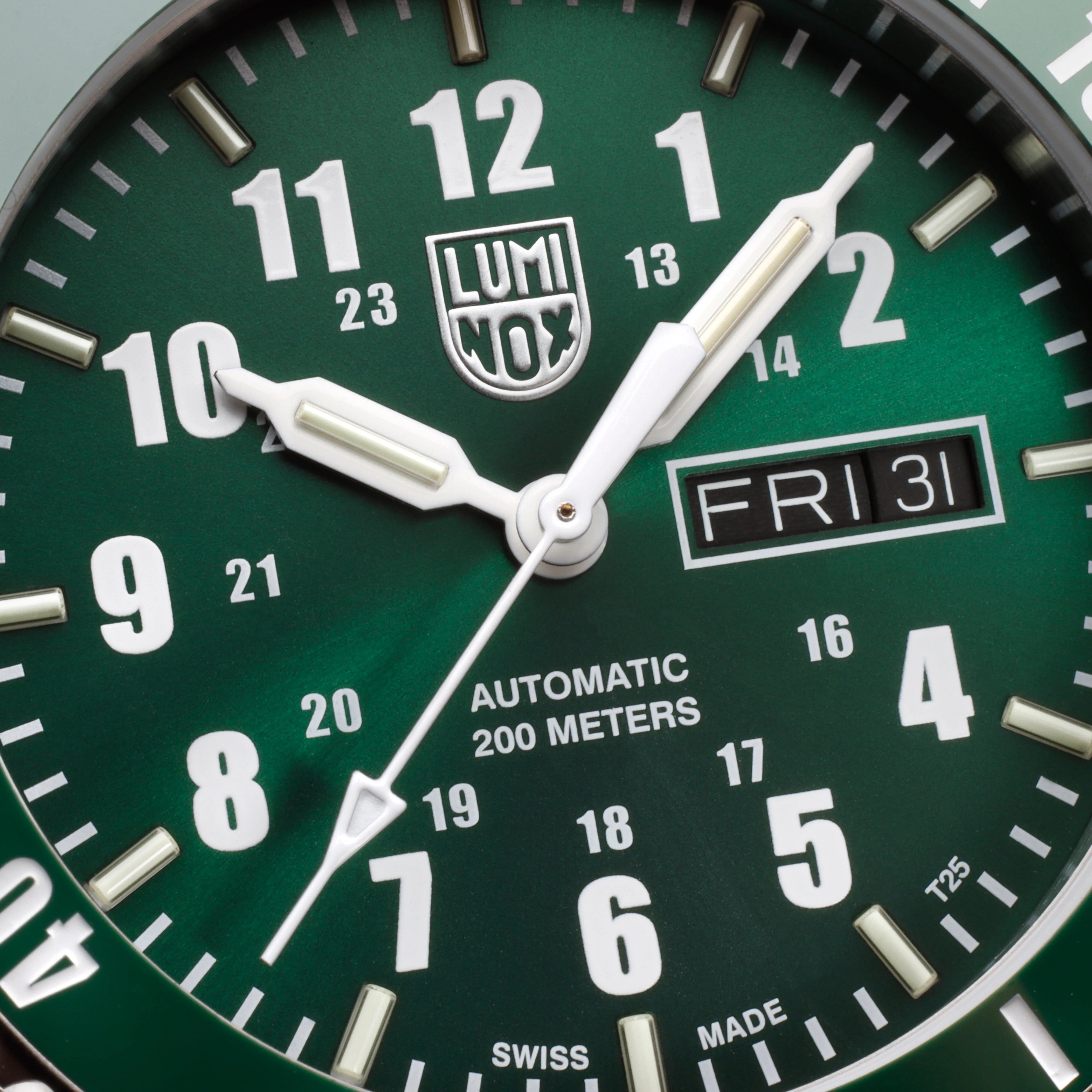 Luminox Automatic Sport Timer Watch with green dial and green bezel, viewed close up with focus on the dial
