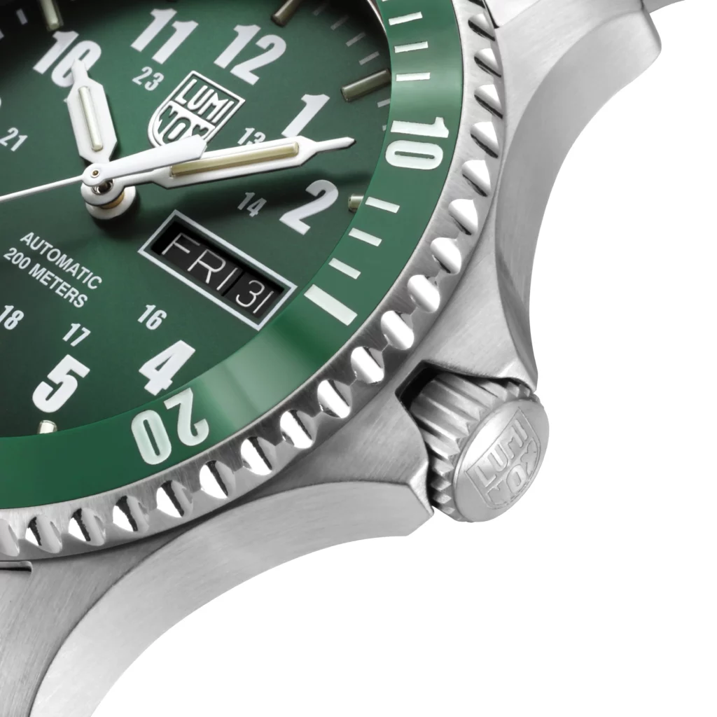 Luminox Automatic Sport Timer Watch with green dial and green bezel, viewed from a side angle