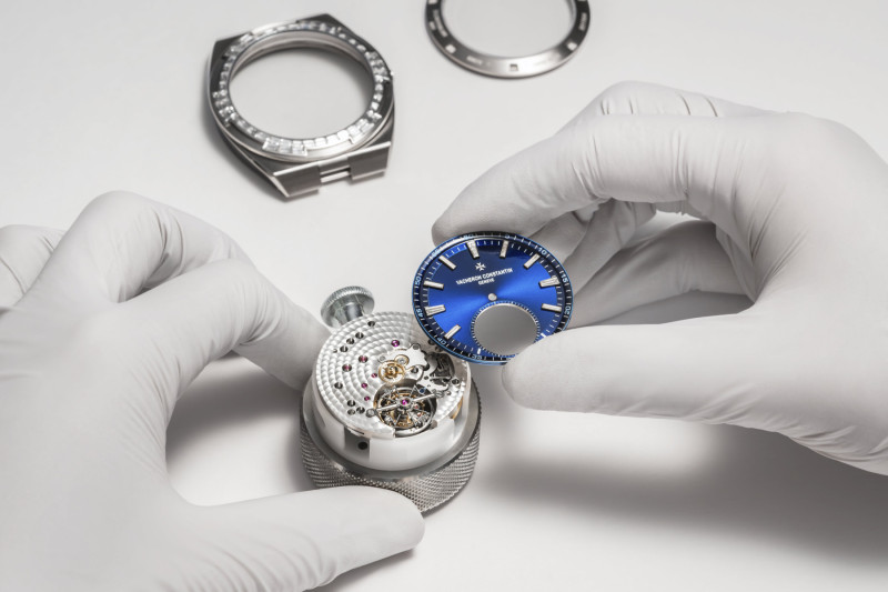 assembly of 2023 Vacheron Constantin Overseas white gold, diamond-set watch with tourbillon and blue dial