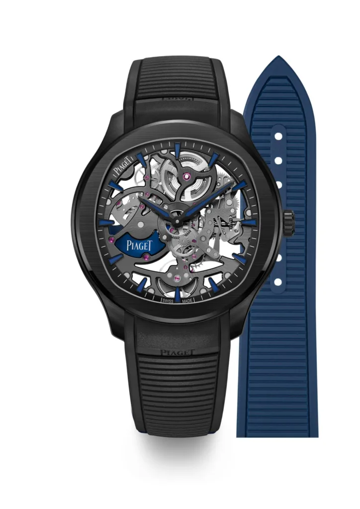 Piaget Polo Ceramic G0A49011 watch standing upright with the additional blue strap besides the watch