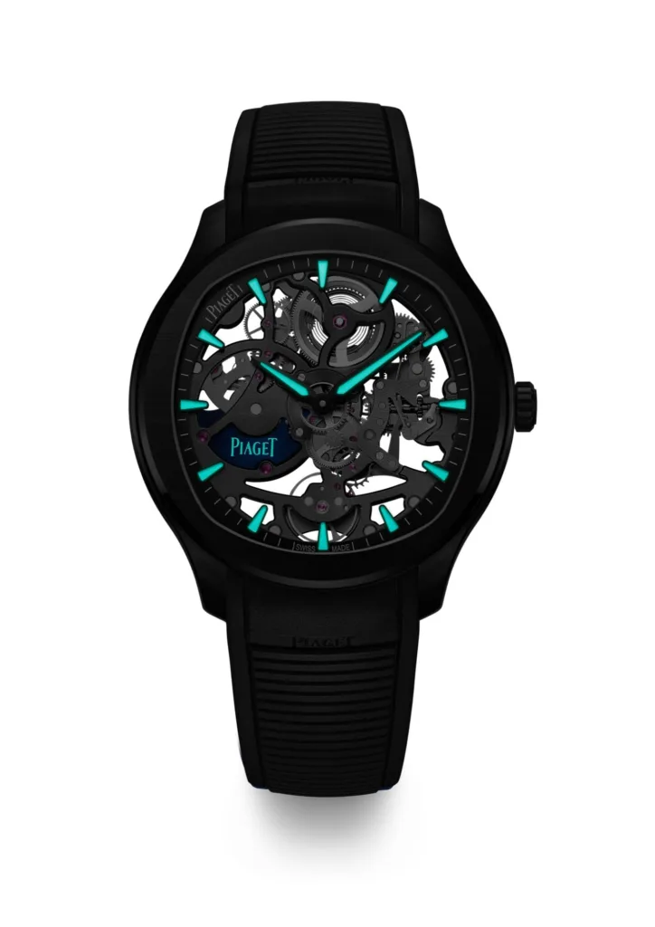 Piaget Polo Ceramic G0A49011 watch standing upright, in the dark, against a white background