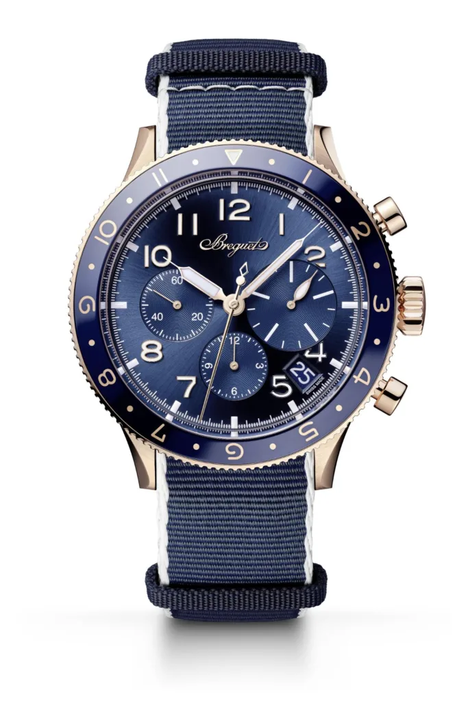 Gold & blue Breguet Type 20 wristwatch product image on nato strap