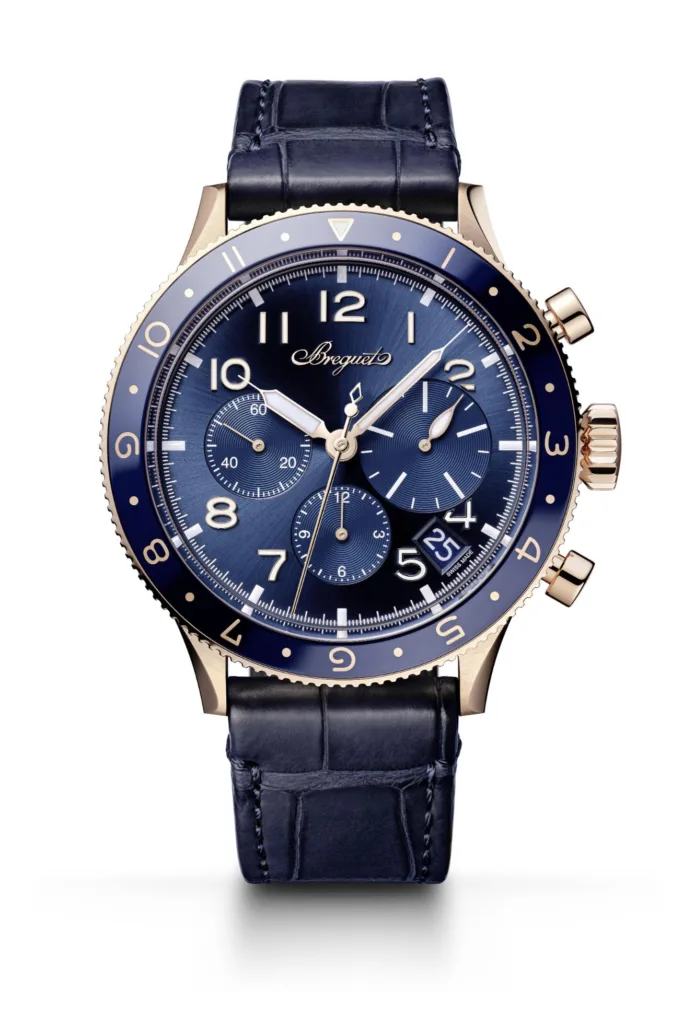 Gold & blue Breguet Type 20 wristwatch product image on alligator strap