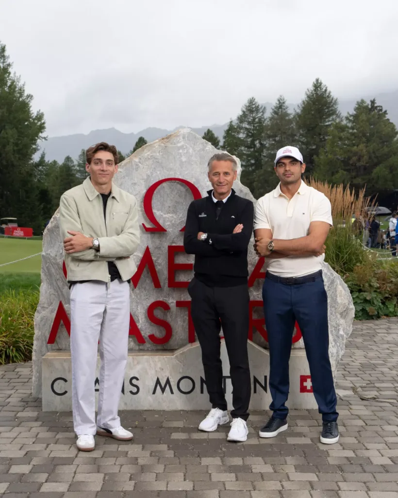 Armand Mondo Duplantis, Raynald Aeschlimann, and Neeraj Chopra at the 2024 Crans Montana Omega Masters Golf Event