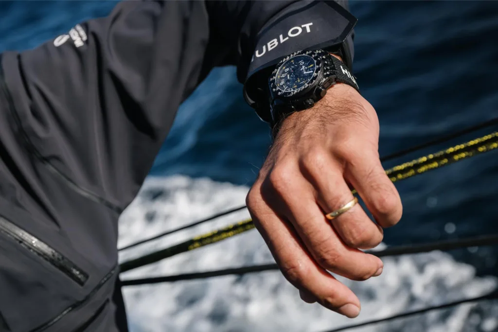 Hublot Big Bang Unico Sailing Team watch worn on the wrist on sailing yacht