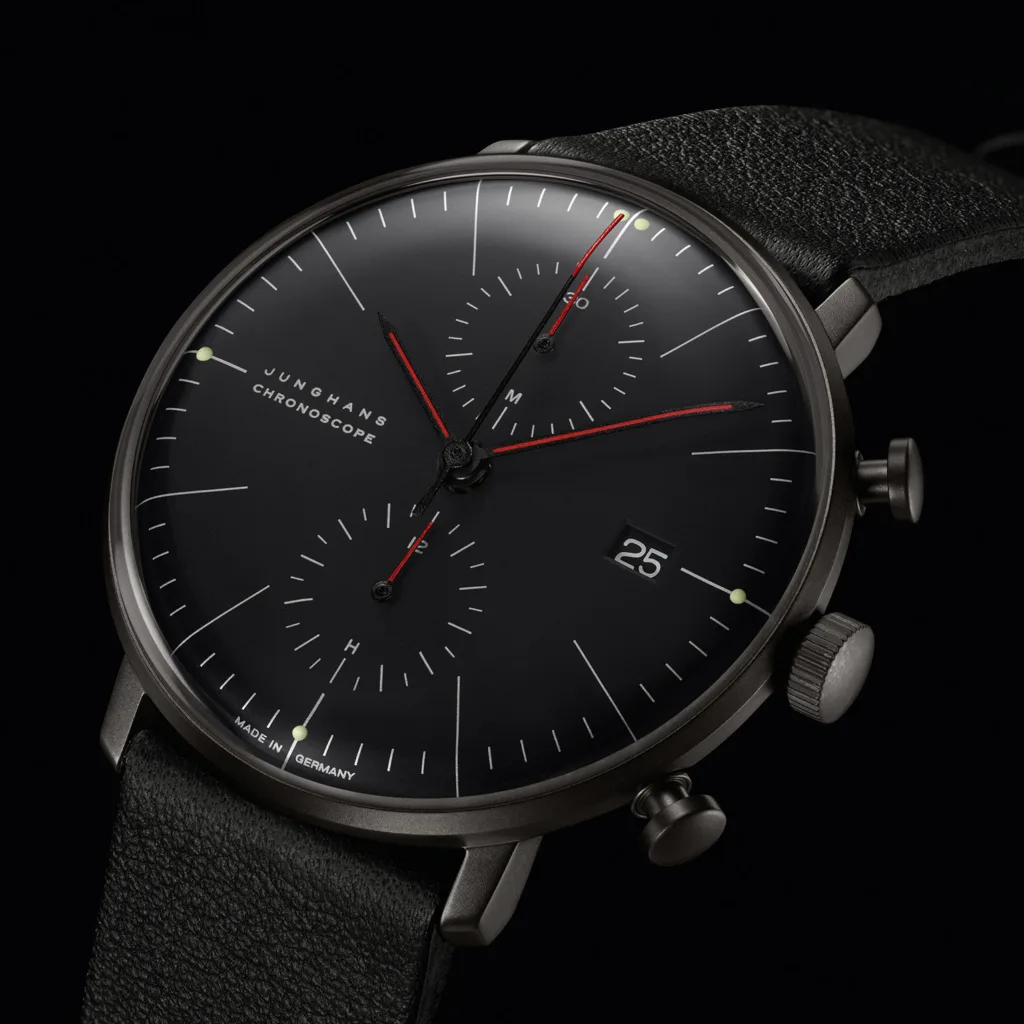 junghans max bill chronoscope bauhaus all black against black background