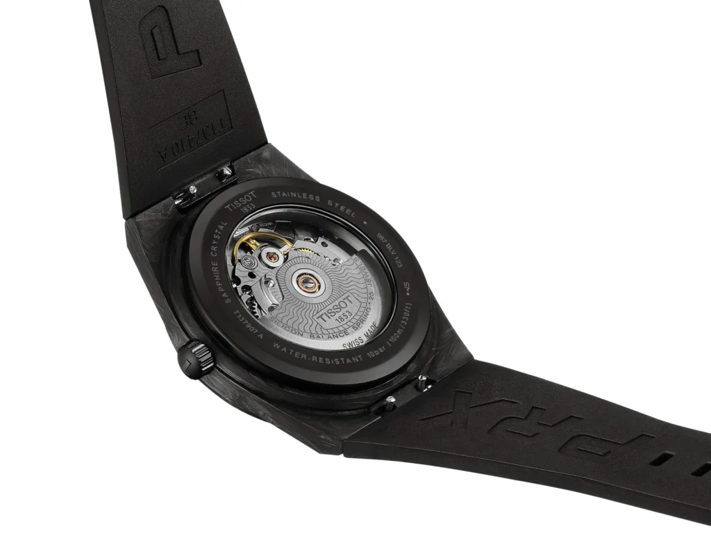 Tissot PRX watch with forged carbon case, product image of the back