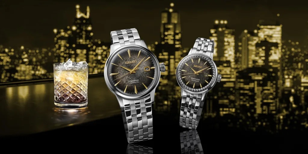 Seiko Presage Cocktail Time Star Bar Limited Edition SARRW003 and SARY245 watches against Tokyo skyline at night