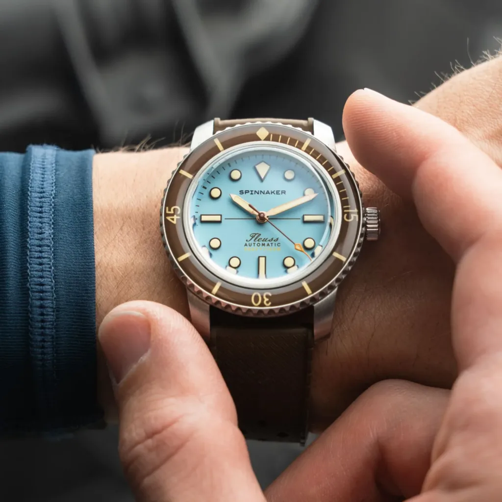 Spinnaker Introduces Fleuss 40 Automatic - 145th with cerulean blue dial on rubber strap on the wrist