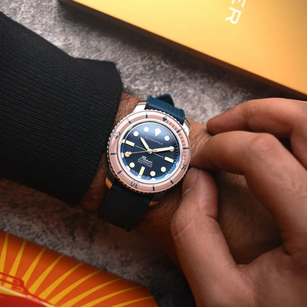 Spinnaker Introduces Fleuss 40 Automatic - 145th with deep blue dial on rubber strap on wrist