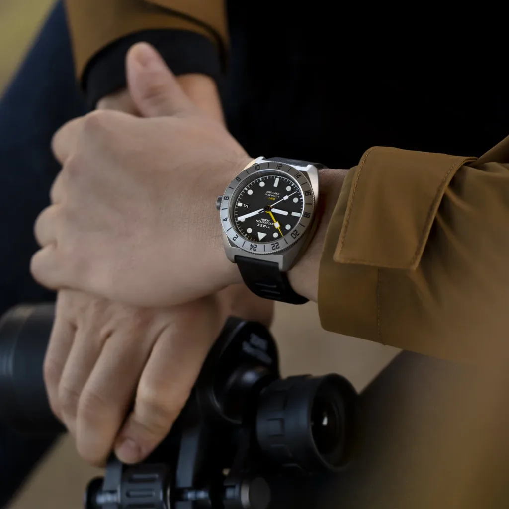 Timex Expedition North GMT Titanium Automatic TW2W53000 on the wrist of a photographer