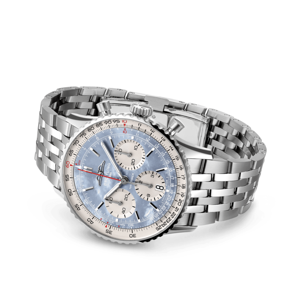 Breitling Navitimer B01 Chronograph 41 Japan exclusive with ice blue mother-of-pearl dial with bracelet on table / white background