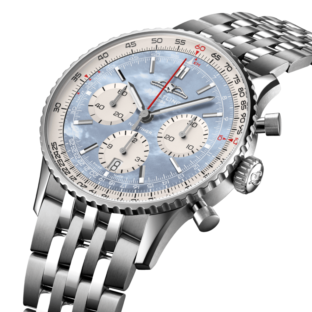 Breitling Navitimer B01 Chronograph 41 Japan exclusive with ice blue mother-of-pearl dial with bracelet side view