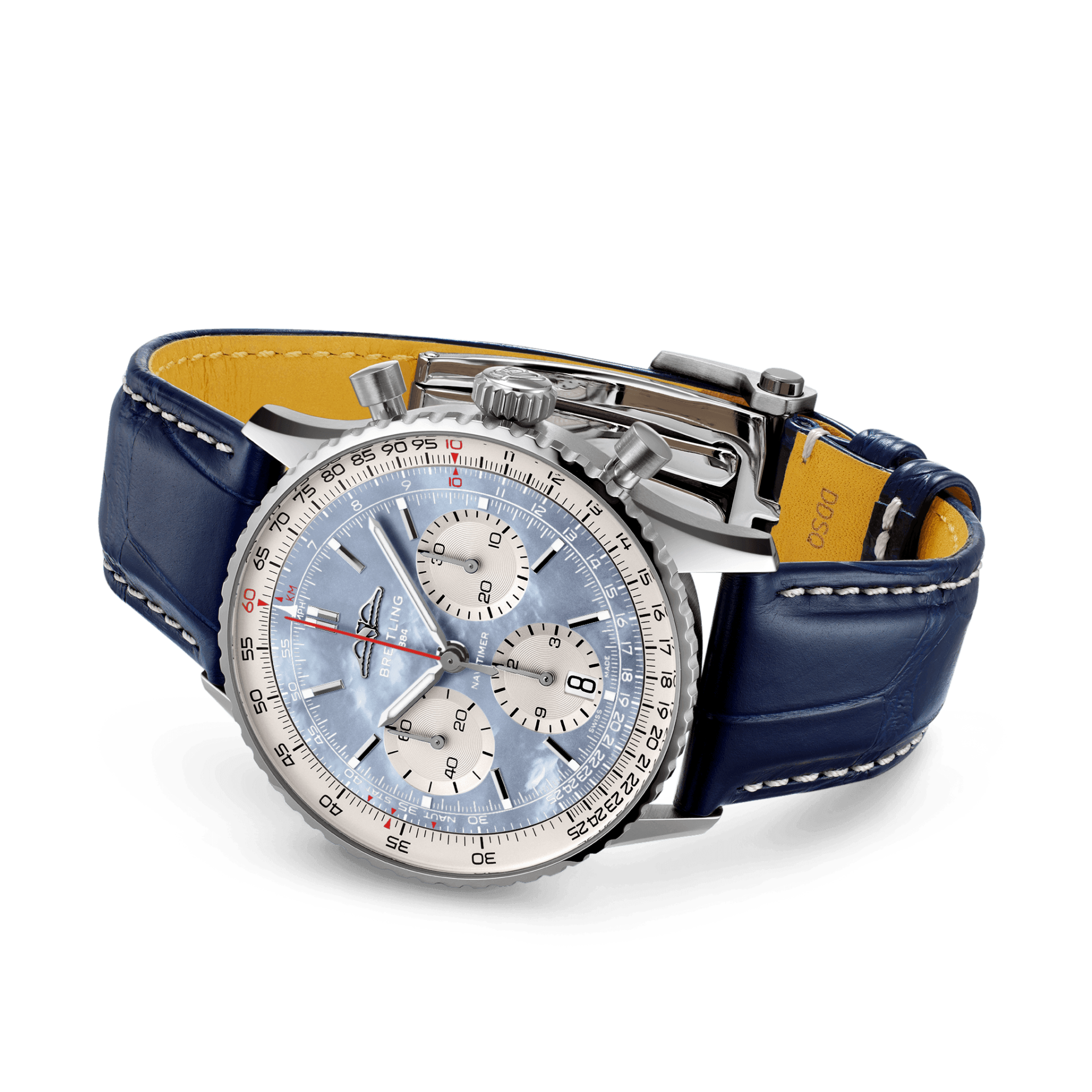 Breitling Navitimer B01 Chronograph 41 Japan exclusive with ice blue mother-of-pearl dial laying on table with alligator strap