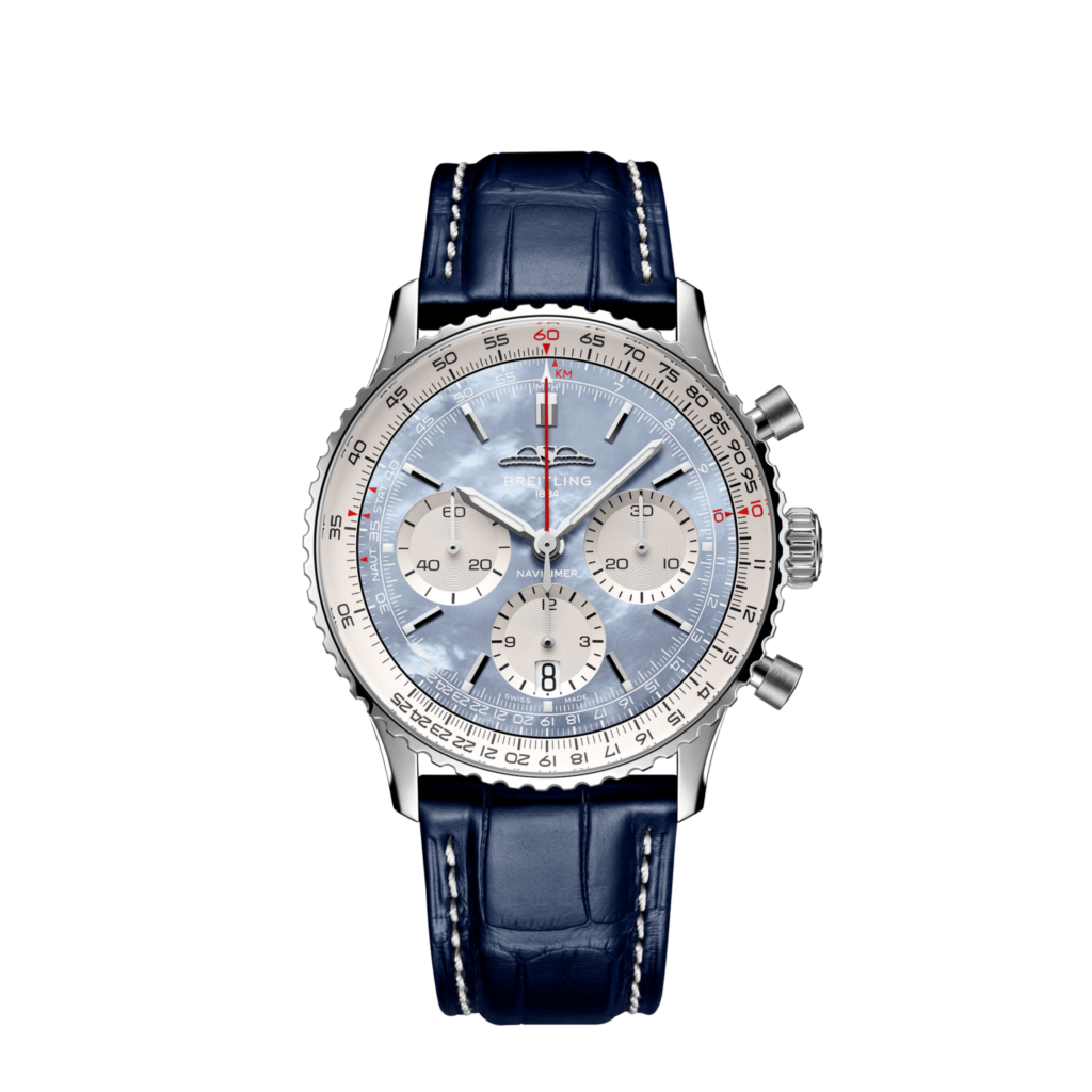 Breitling Navitimer B01 Chronograph 41 Japan exclusive with ice blue mother-of-pearl dial, product image with leather strap