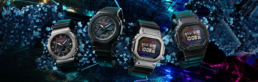 G-Shock Rainbow Brick Wall Watches against dark background