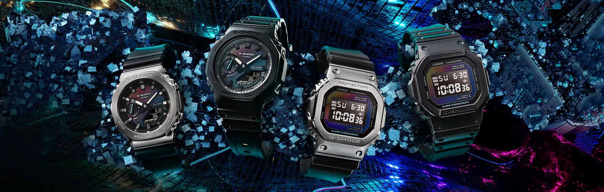 G-Shock Rainbow Brick Watches against dark background