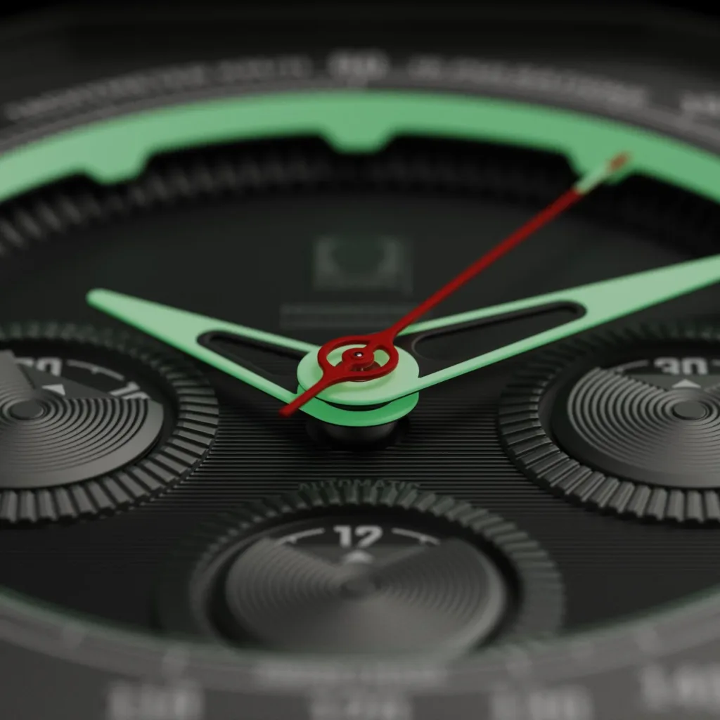 Isotope Compax Moonshot Stealth dial close-up