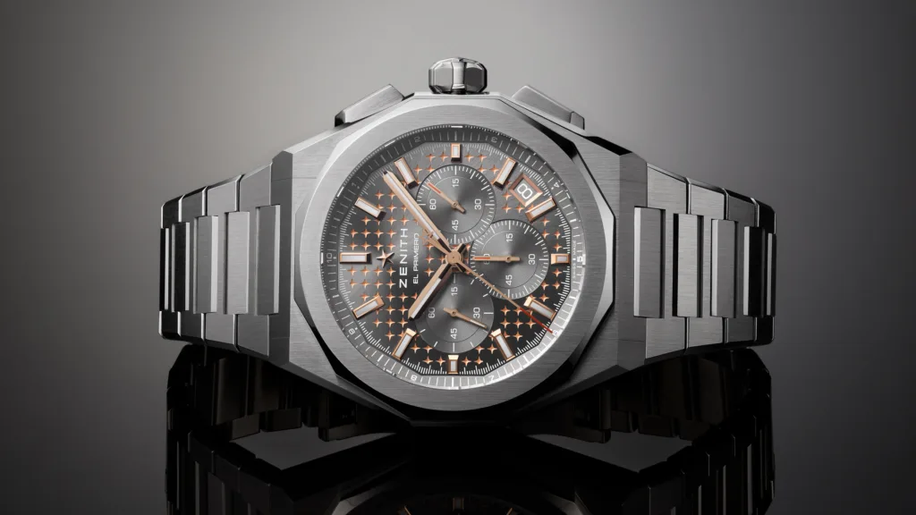 Image of Zenith Defy Skyline Chronograph Boutique Edition 03.9500.3600.02.I001 laying on the 9:00 side