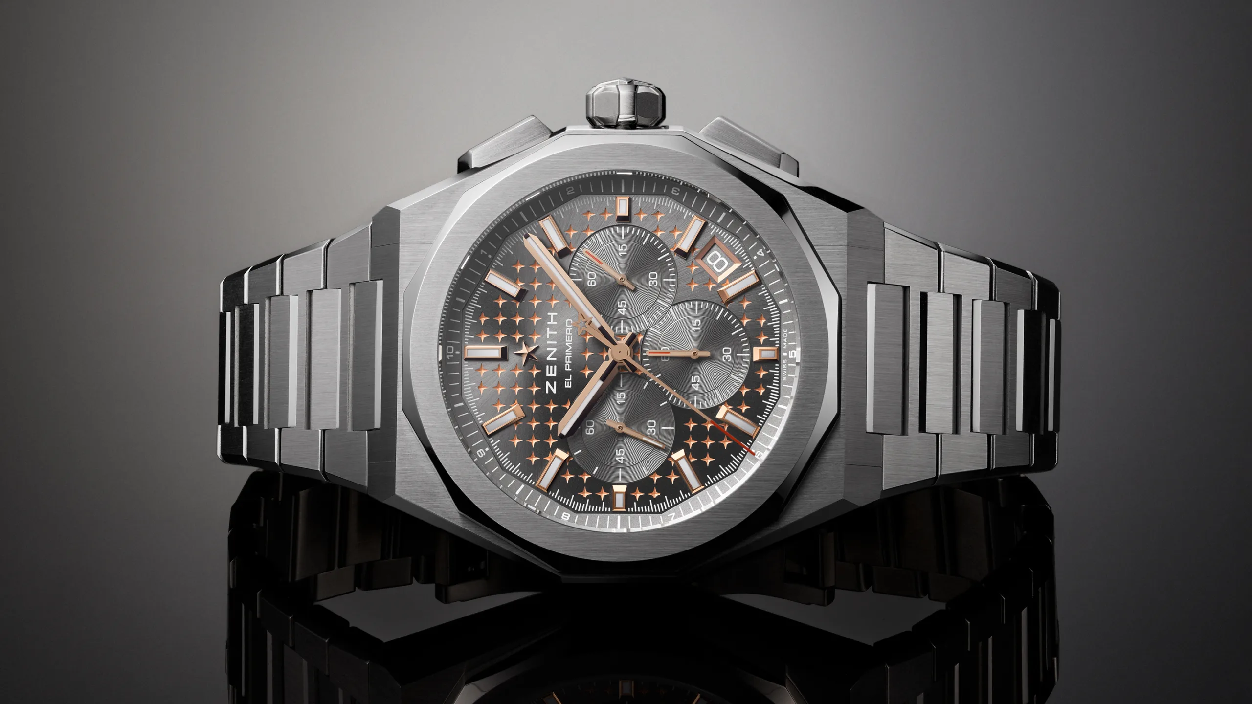 Image of Zenith Defy Skyline Chronograph Boutique Edition 03.9500.3600.02.I001 laying on the 9:00 side