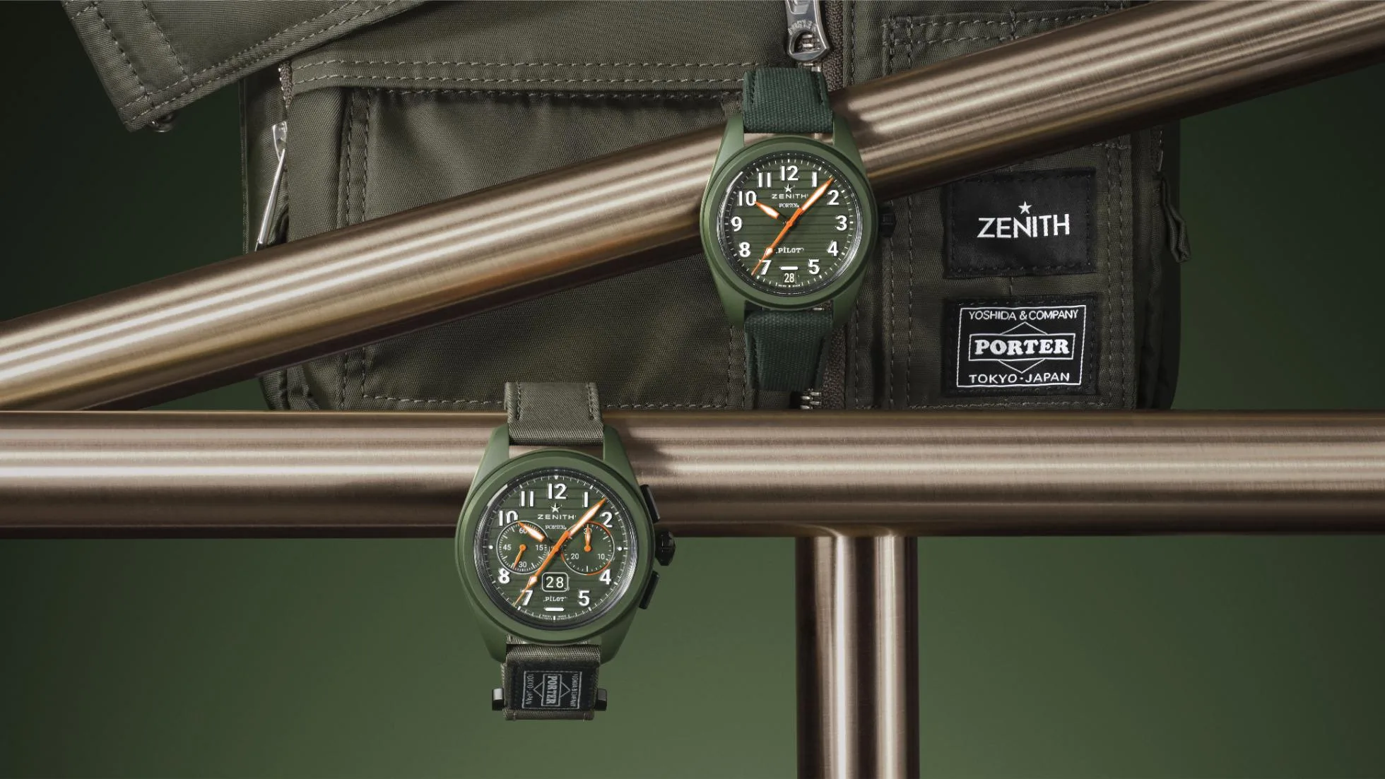 Zenith x Porter Collaboration: Pilot Central Automatic & Big Date Flyback Limited Editions in Khaki Ceramic